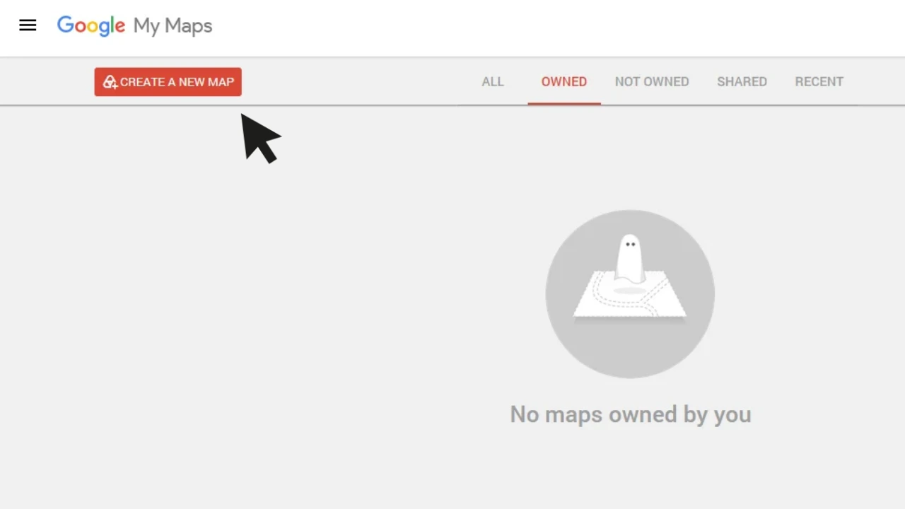 Google My Maps dashboard showing the Create a New Map button