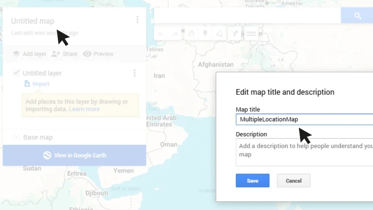 Google My Maps dialog for entering and saving a custom map title