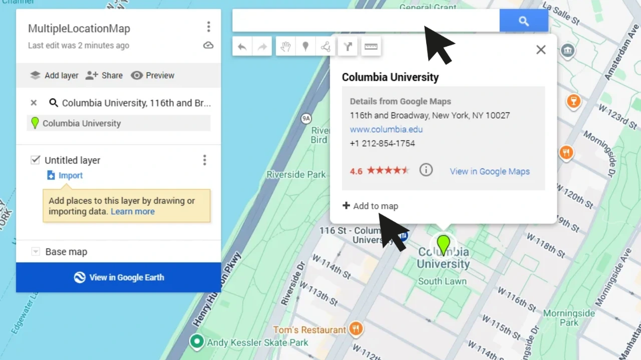 Google My Maps search result for Columbia University with Add to map highlighted