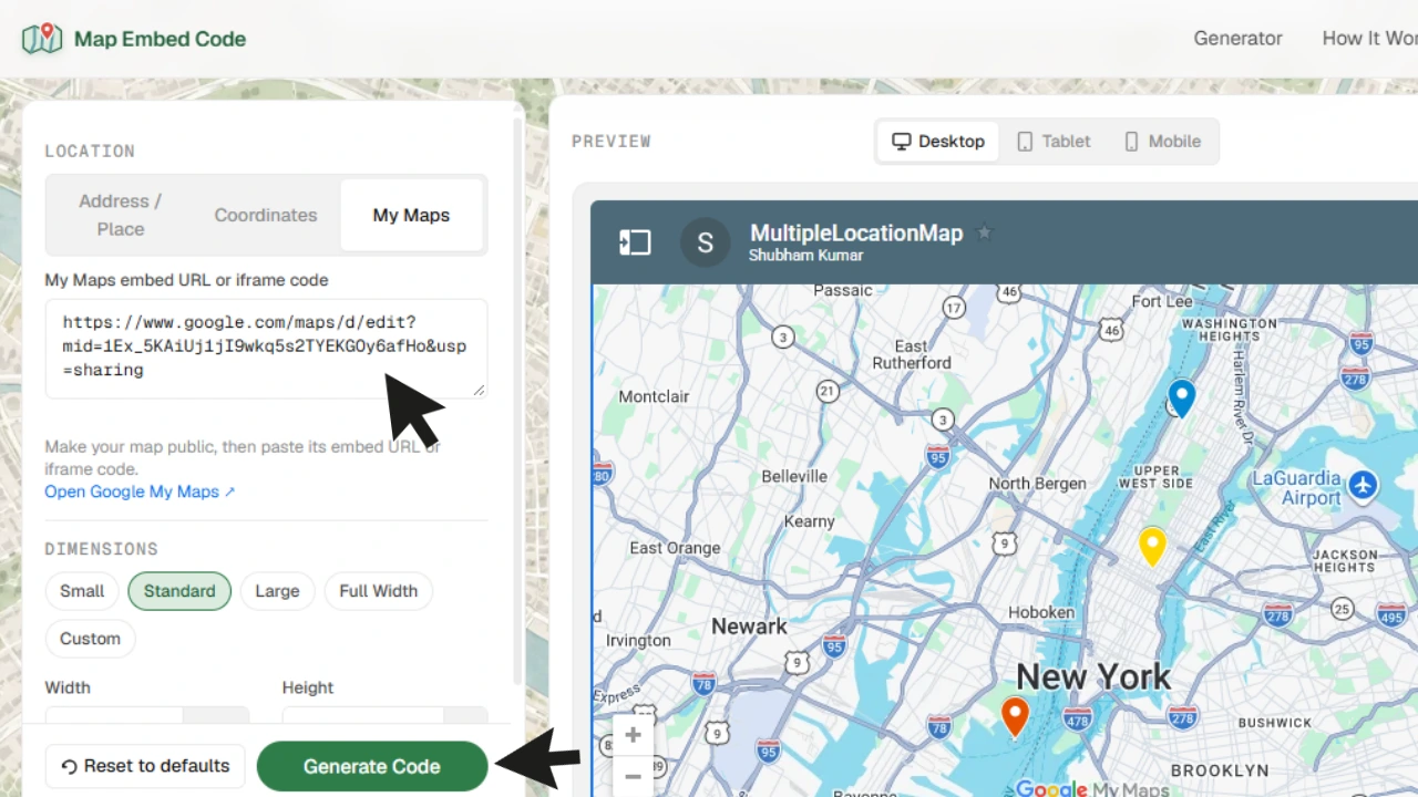 Map Embed Code generator showing a pasted My Maps URL, multiple-marker preview, and Generate Code button