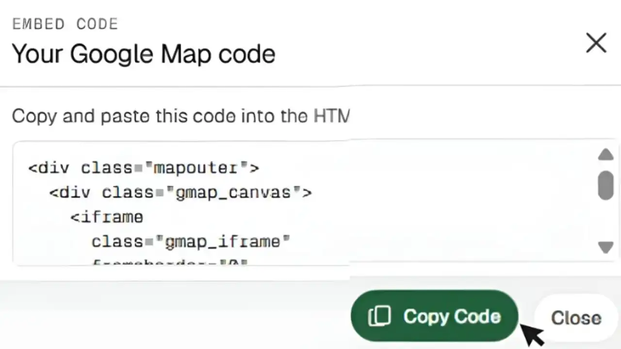 Generated Google Map iframe code popup with the Copy Code button